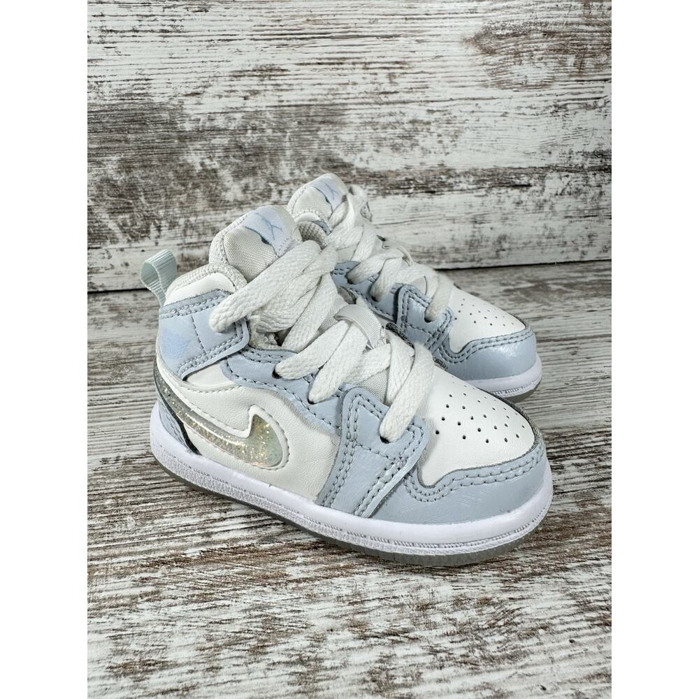 Toddler Nike Air Jordan 1 Mid SE 'Glitter Swoosh' White/Blue Sneakers Sz 4C